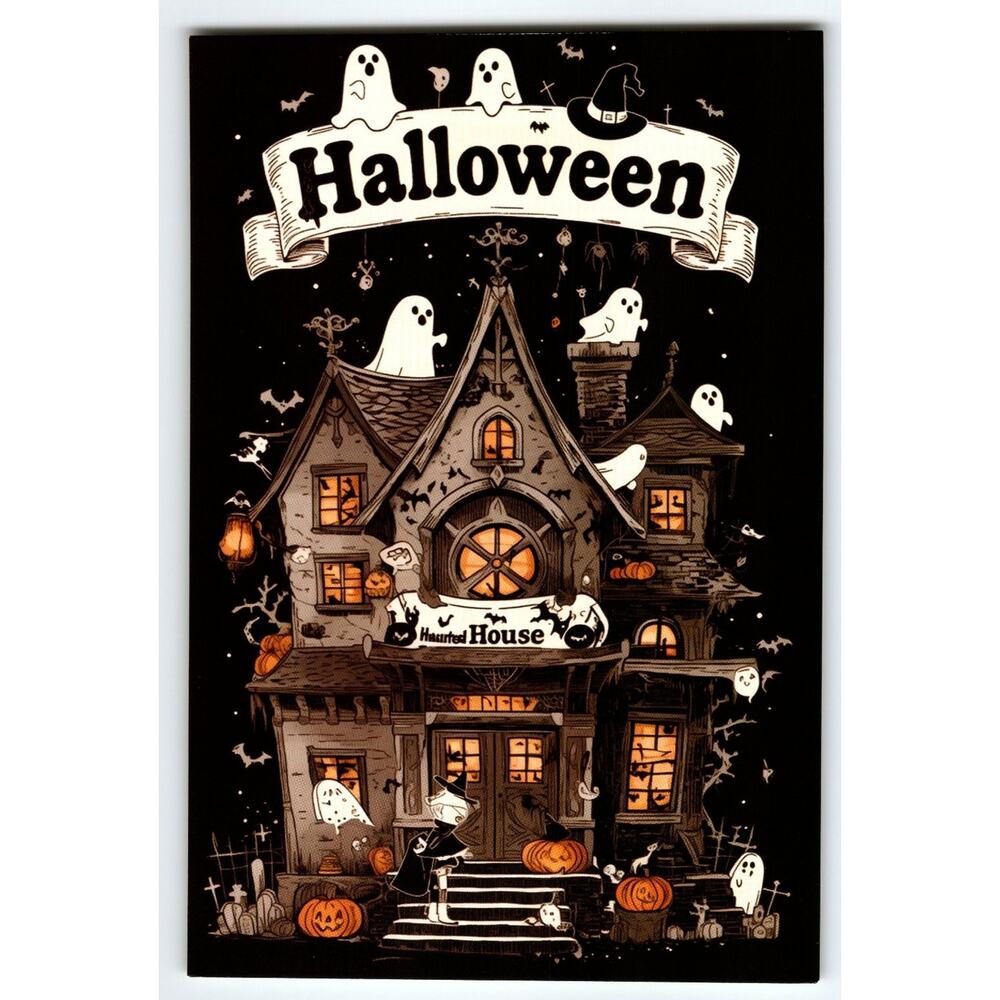 Vintage Halloween Haunted House Ghosts & Pumpkins Postcard 5.5x4"